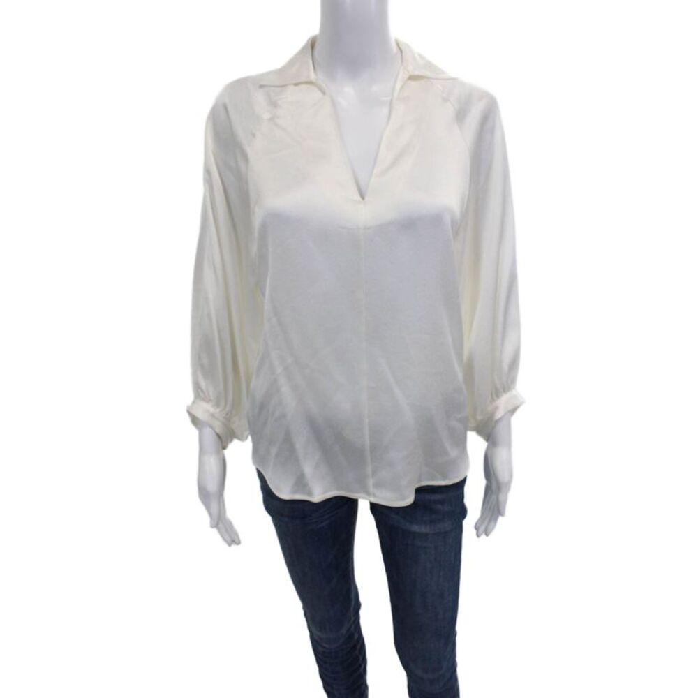 Antonelli Women Basic Collared Cotton Blouse Ivory Long Sleeve Size 40